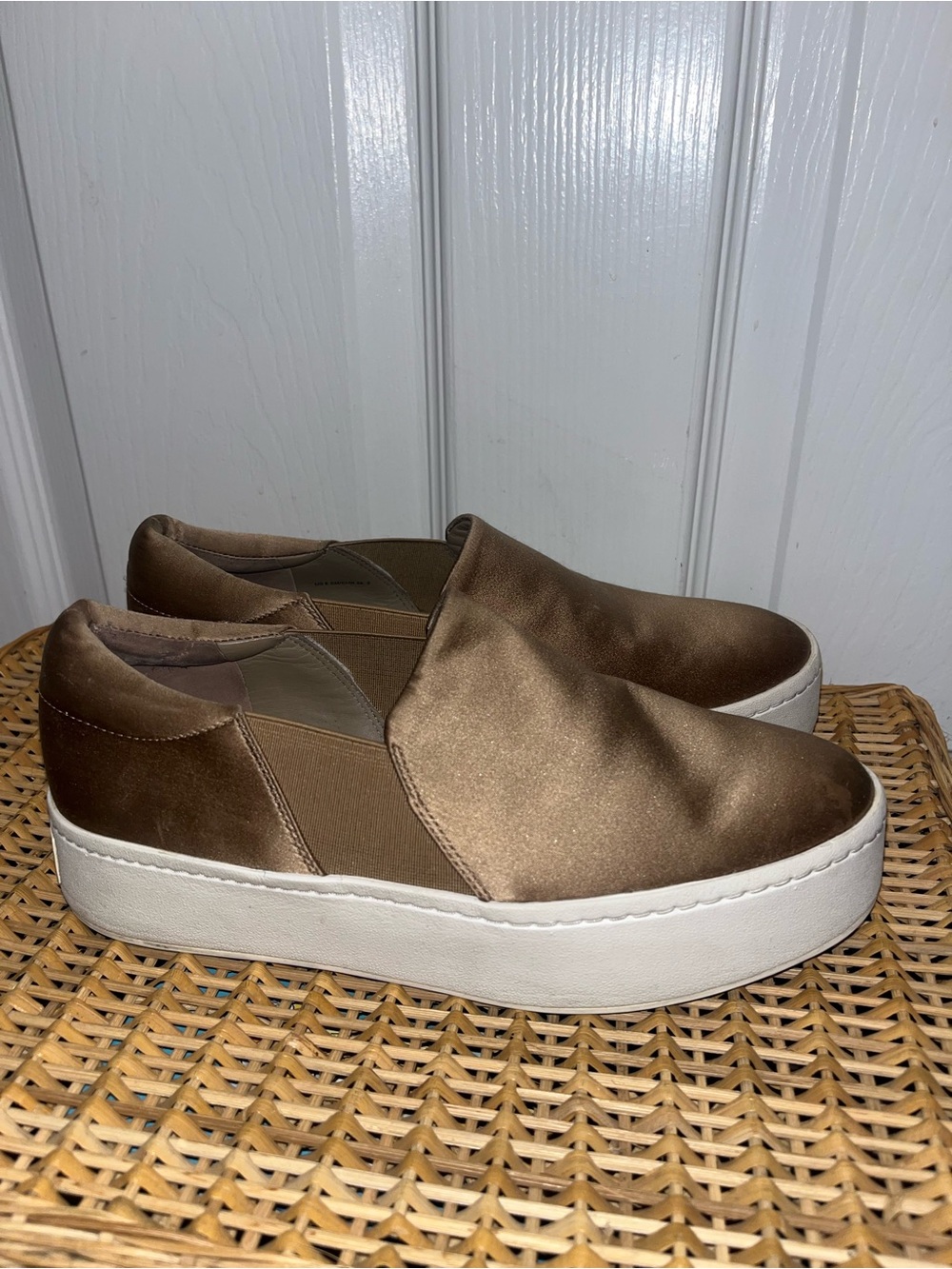 VINCE Warren satin slip on platform sneakers in Fawn